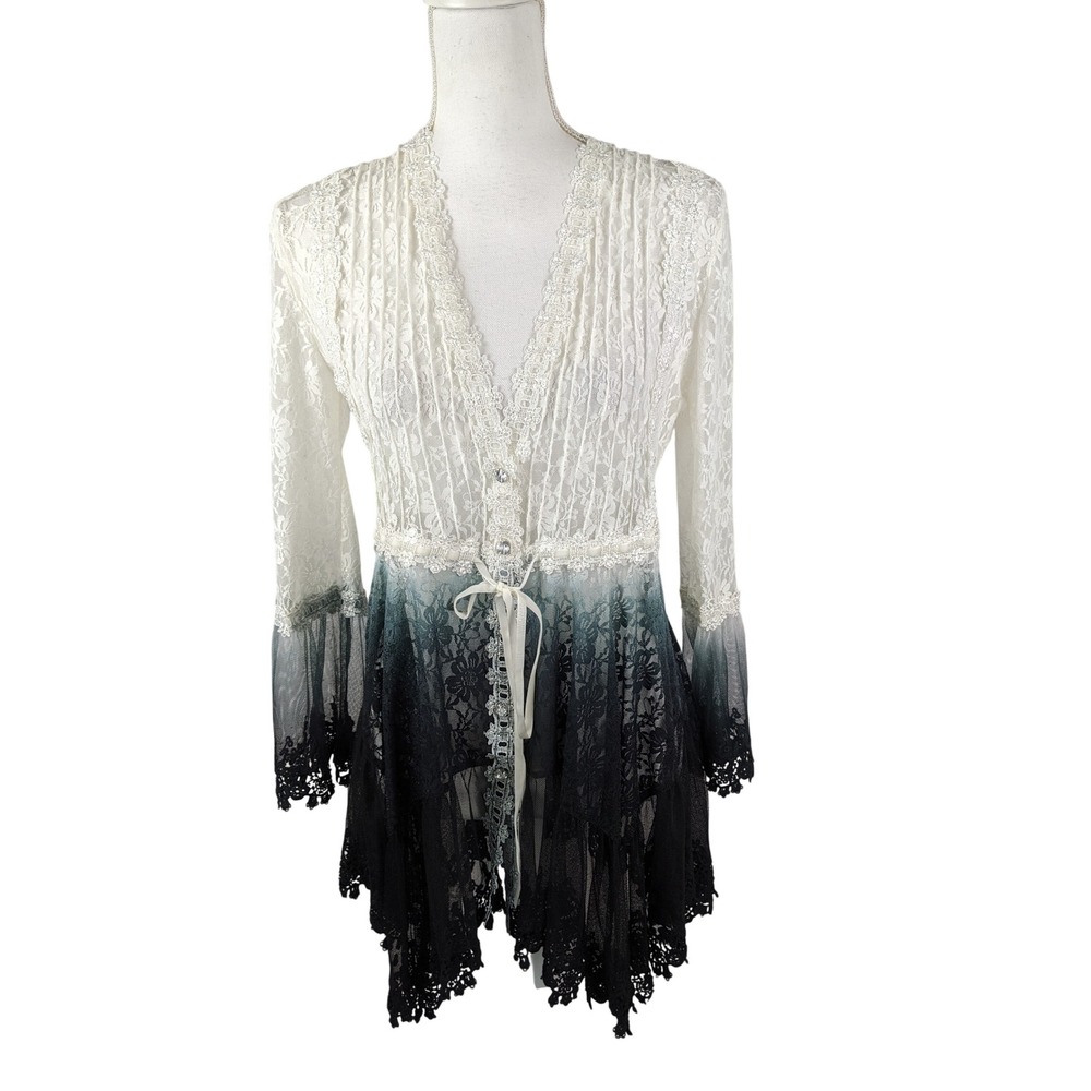 Adore Womens XL Lace Ombre Top Blouse White Black Floral Bell Sleeve V-Neck
